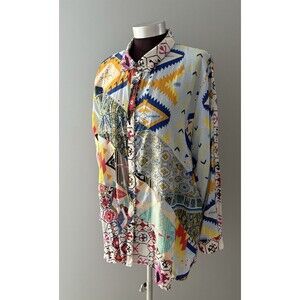 Calessa Top Size 1X Multicolor Aztec Button Front Southwestern Abstract Roll Tab